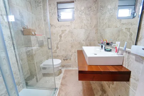 Modernly equipped bathroom with a shower cabin, washbasin, and toilet. - image 9