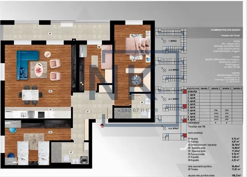 Prodaja, trosoban stan, 106m², Stari Aerodrom, Podgorica