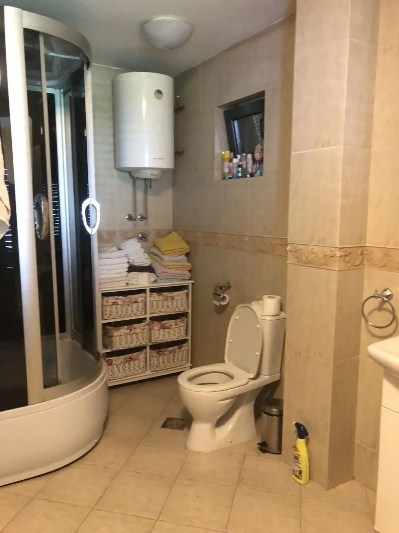 Bathroom with a shower cabin, toilet, and towel shelf.