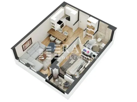 Three-dimensional floor plan showing the apartment layout with furniture. - image 9