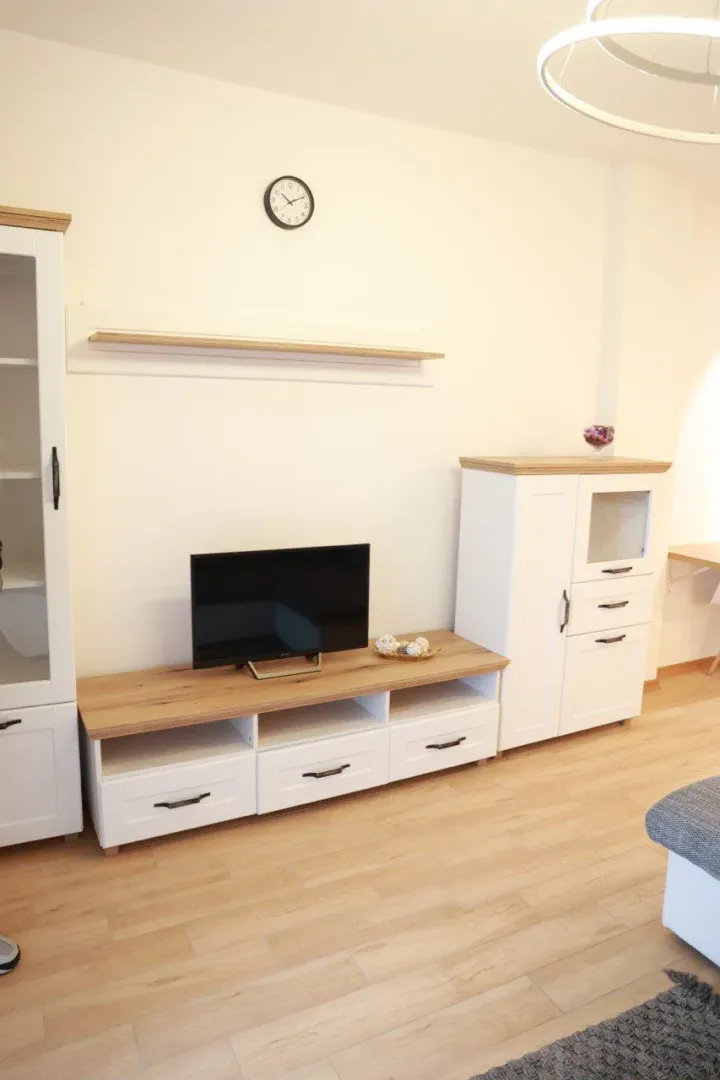 Living room with a TV and wooden cabinet furniture.