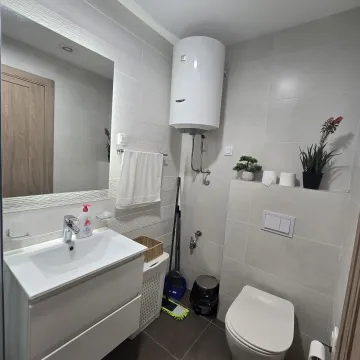 A modernly equipped bathroom with a washbasin, toilet bowl, and water heater. - image 9