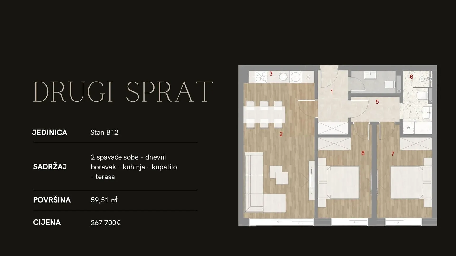 Sale, two bedroom apartment, 59m², Muo, Kotor