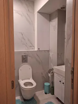Modern bathroom with marble tiles, toilet, and sink. - image 13