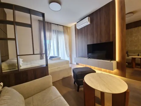 Dnevna soba sa garniturom, televizorom i krevetom u pozadini. - image 8
