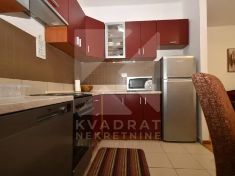 Kuhinja sa crvenim elementima, frižiderom i šporetom. - image 6