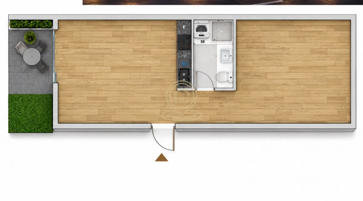 Three-dimensional floor plan showing the layout of the apartment and terrace.
