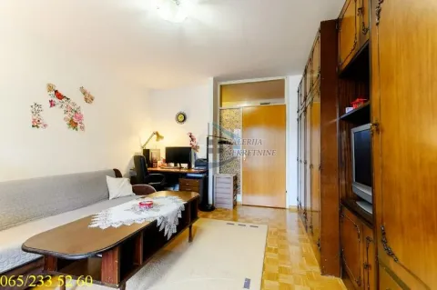 Living room with a sofa, desk, and large wooden wardrobes. - image 24