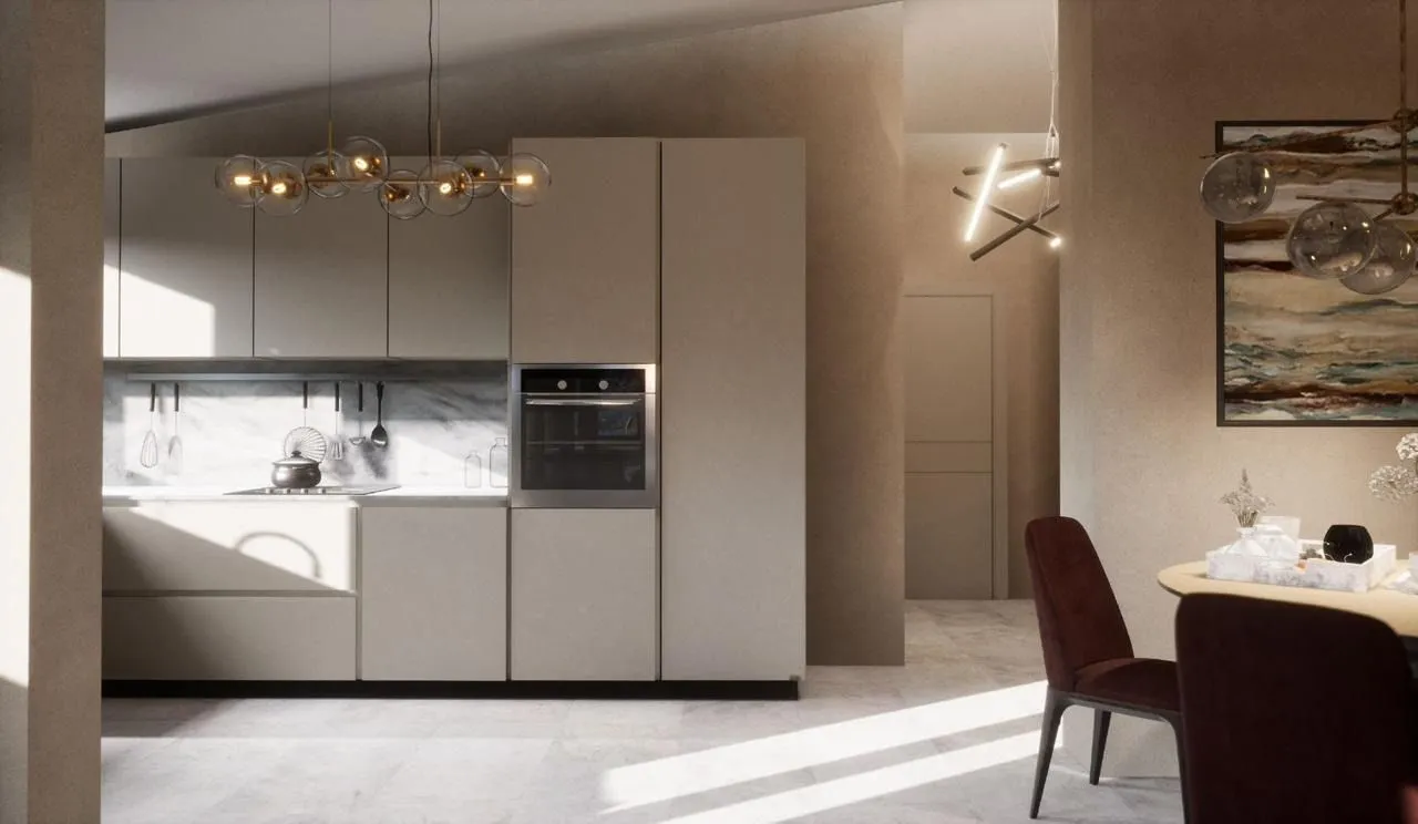 Modern kitchen with built-in appliances and a dining area.