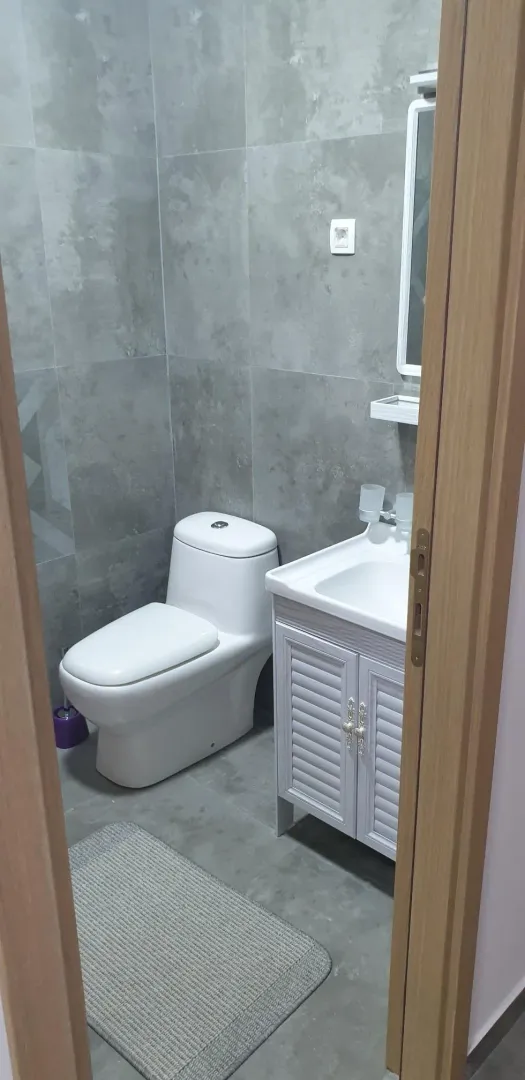 Malo kupatilo sa sivim pločicama i bijelim sanitarijama.