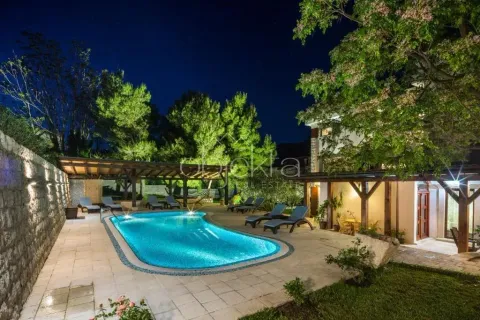 Illuminated swimming pool in the villa's yard at night with sun loungers and a canopy. - image 5