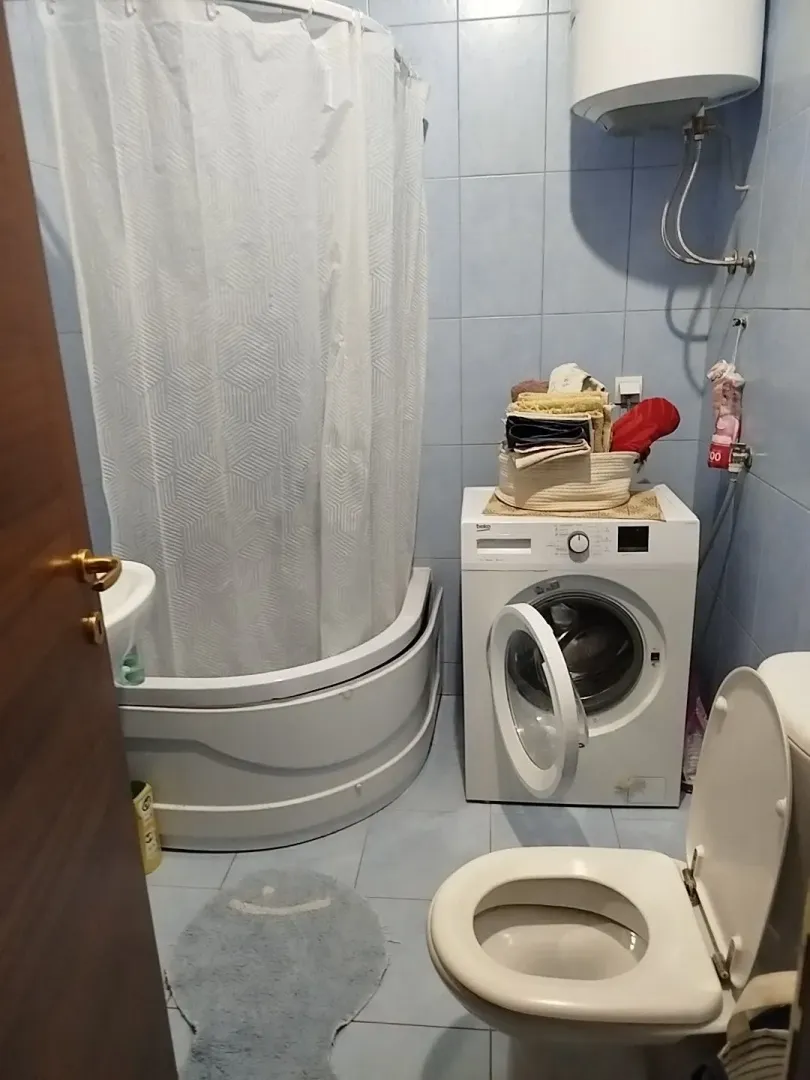 Manje kupatilo sa tuš kabinom, toaletom i veš mašinom.