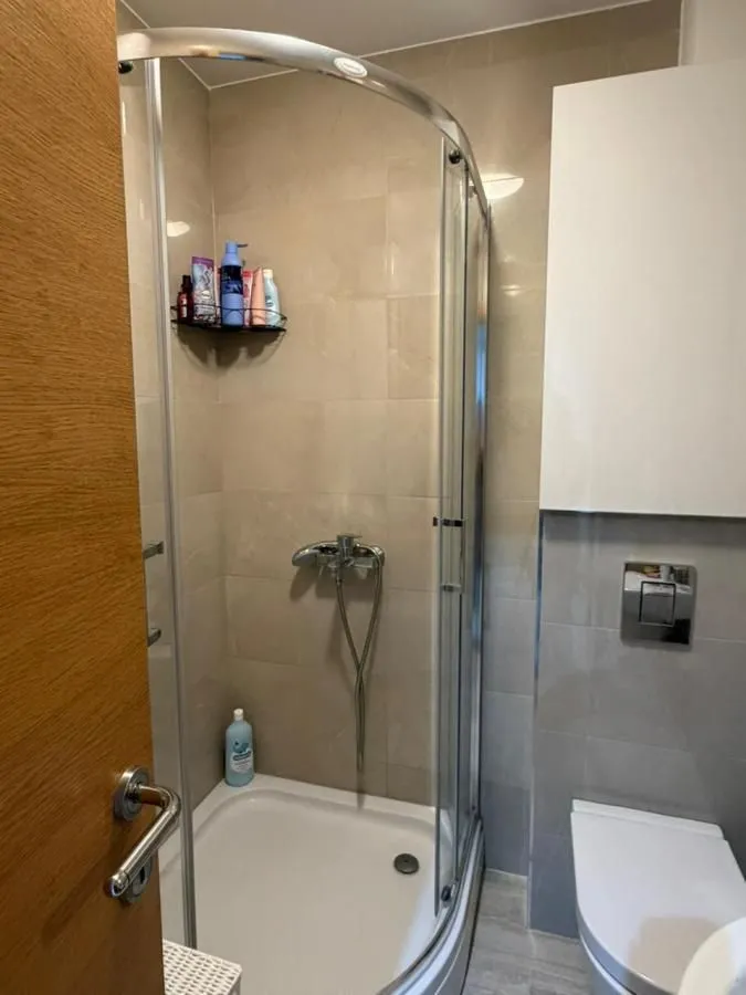 Kupatilo sa tuš kabinom i ugradnim wc šoljom.