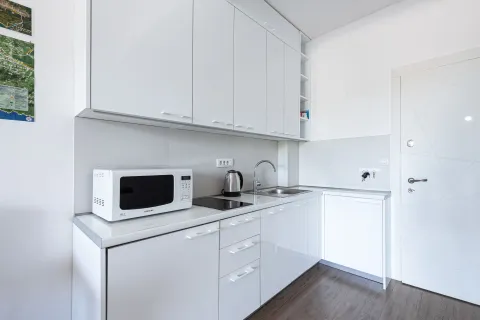 Bijela kuhinja sa sudoperom, ugradnom pločom i mikrotalasnom pećnicom. - image 3