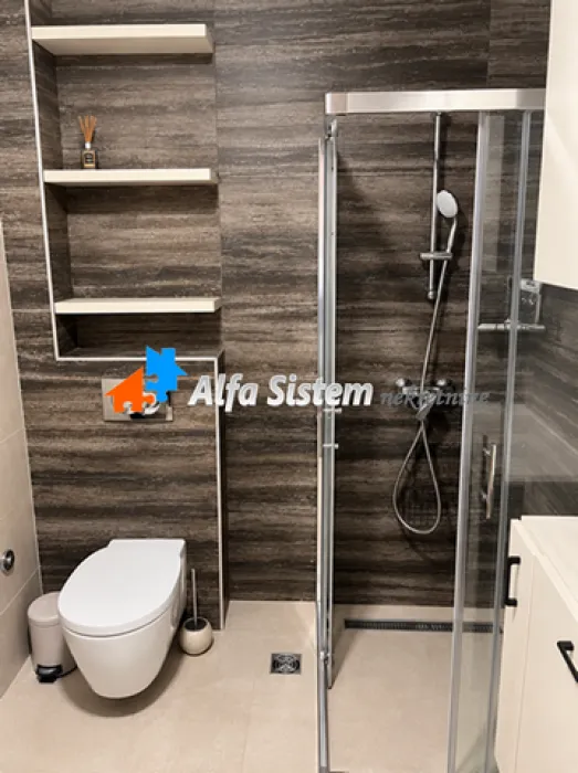 Modern bathroom with a shower cabin, toilet, and built-in shelves.