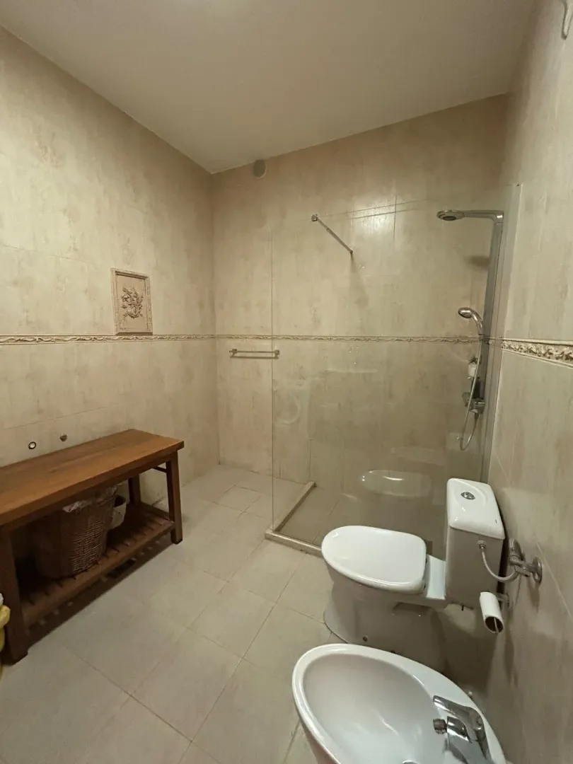 Spacious bathroom with a walk-in shower, toilet, and wooden vanity.