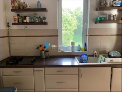Pogled na kuhinjski element sa sudoperom, šporetom i zidnim policama. - image 13