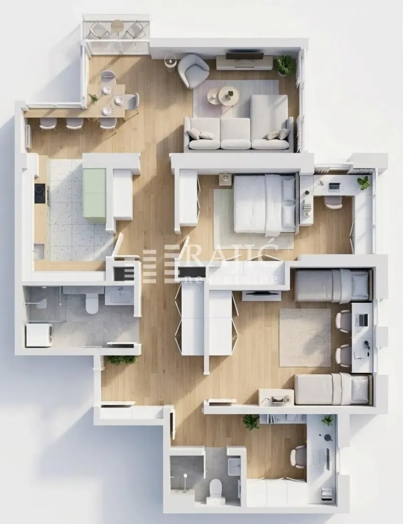 3D floor plan of the apartment with furniture.