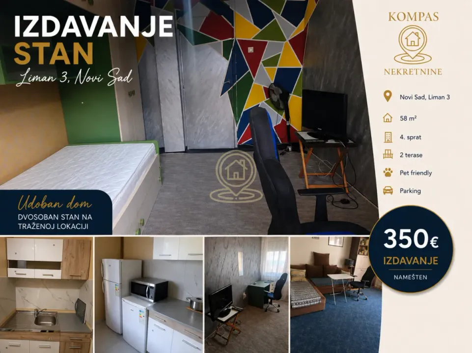 Rent, two bedroom apartment, 58m², Liman 3, Novi Sad Sve Podlokacije