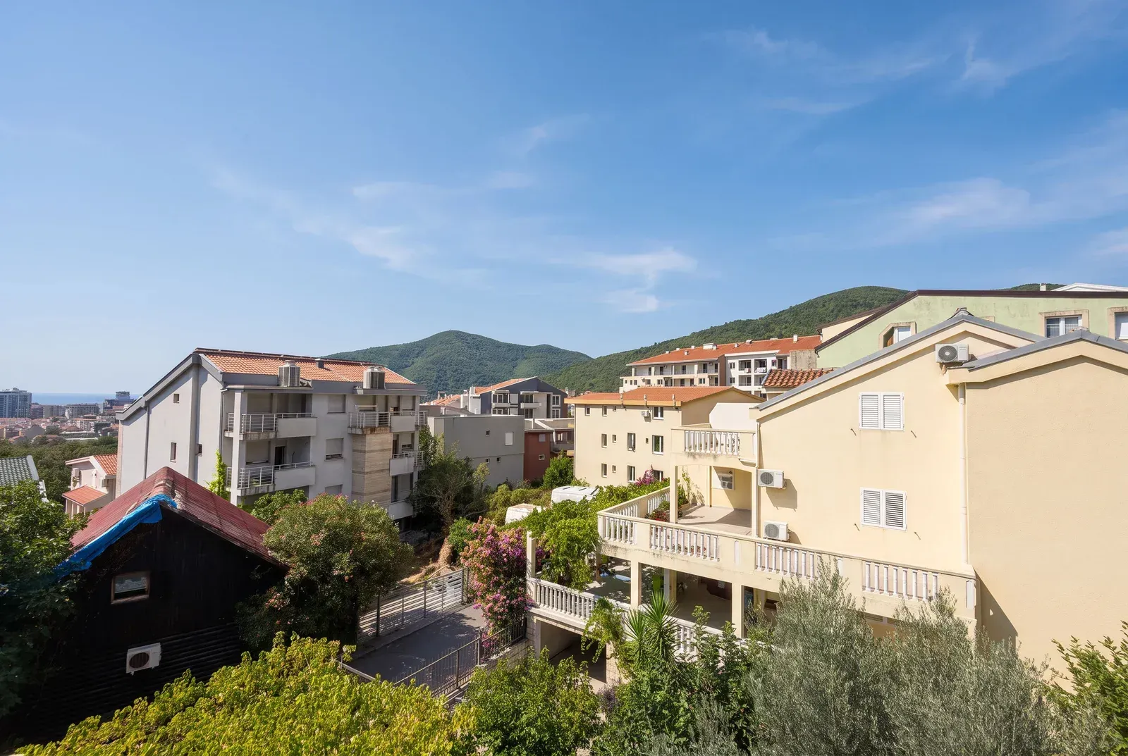 View from the terrace overlooking the settlement and surrounding hills.