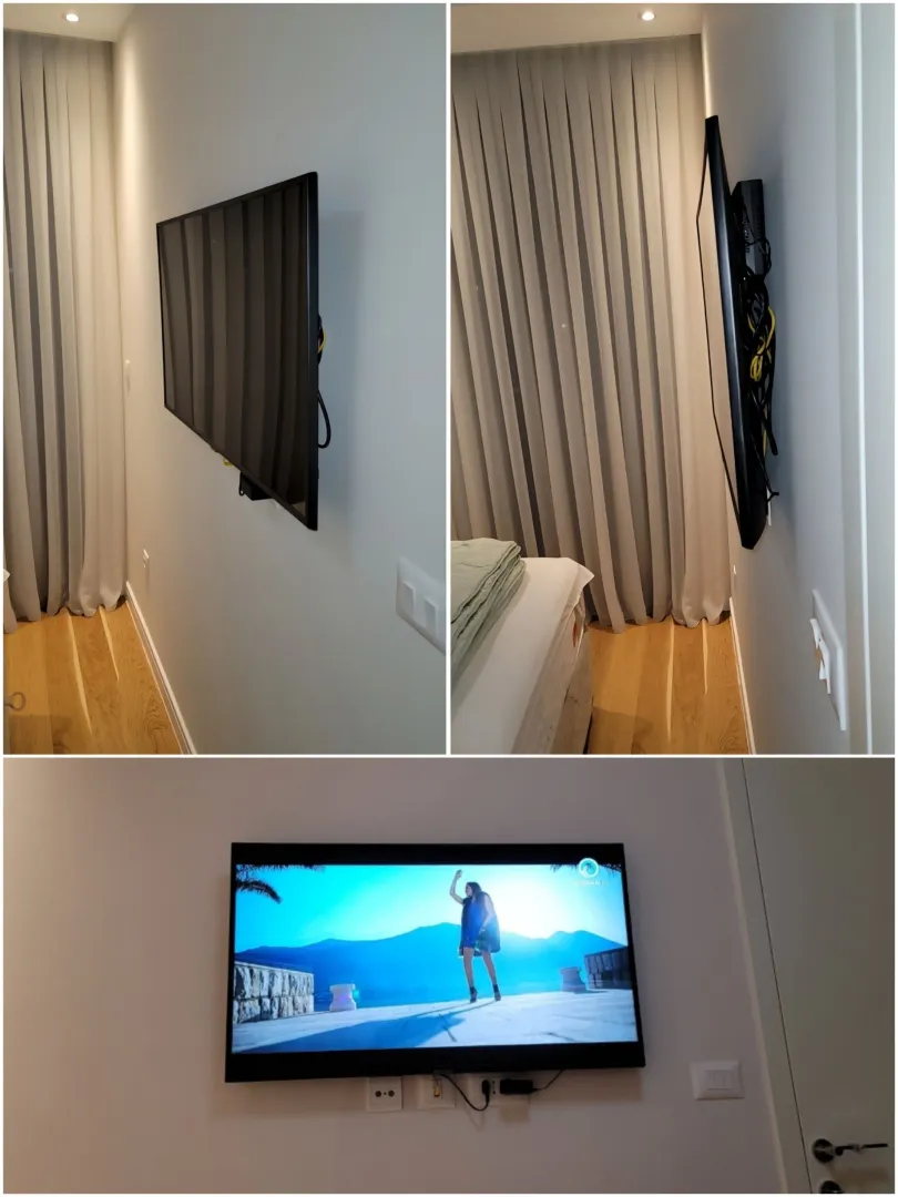 Kolaž prikazuje detalje spavaće sobe sa montiranim televizorom na zidu.