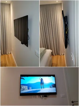 Kolaž prikazuje detalje spavaće sobe sa montiranim televizorom na zidu. - image 9