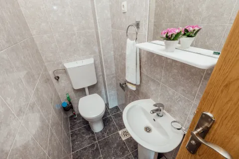 Small tiled bathroom with a toilet, washbasin, and a shelf with flowers. - image 2