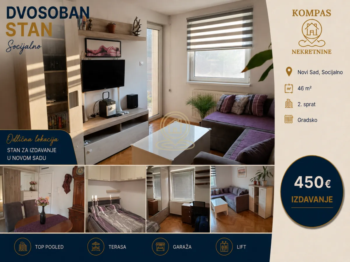 Izdavanje, dvosoban stan, 46m², Socijalno, Novi Sad Sve Podlokacije