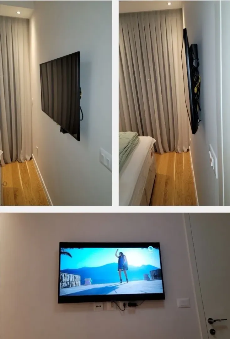 Kombazovana slika spavaće sobe sa krevetom i zidnim televizorom.