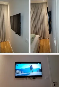 Kombazovana slika spavaće sobe sa krevetom i zidnim televizorom. - image 9