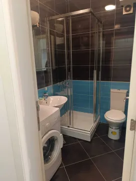 Bathroom equipped with a shower cabin, washbasin, toilet, and washing machine. - image 18