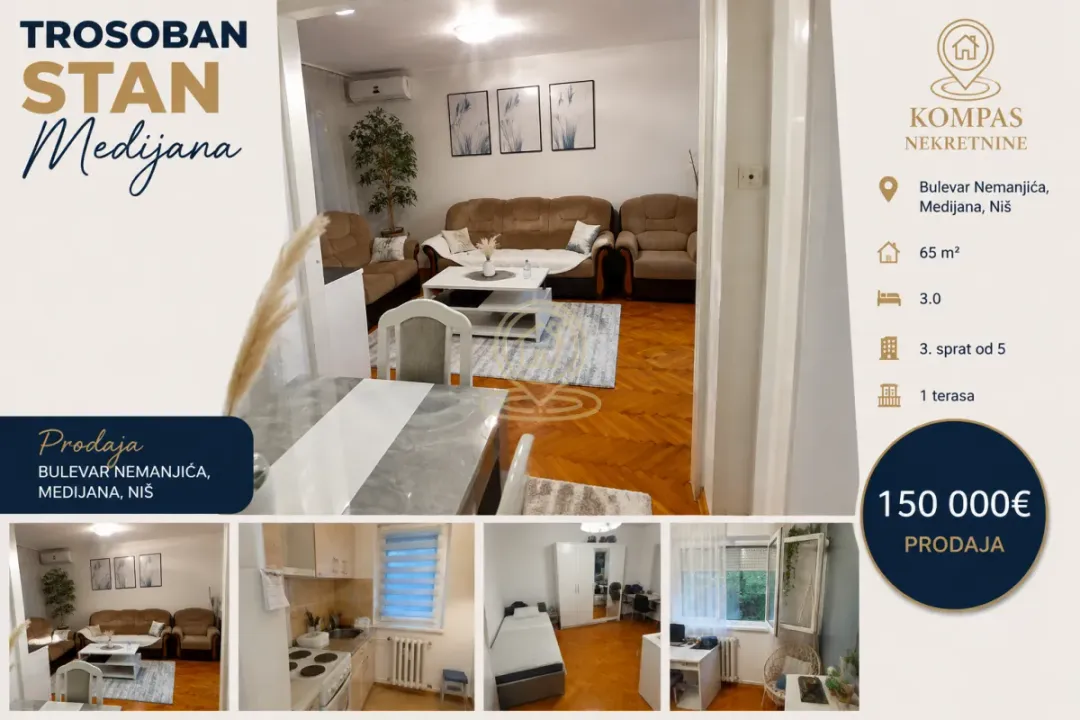 Sale, three bedroom apartment, 65m², Medijana, Niš