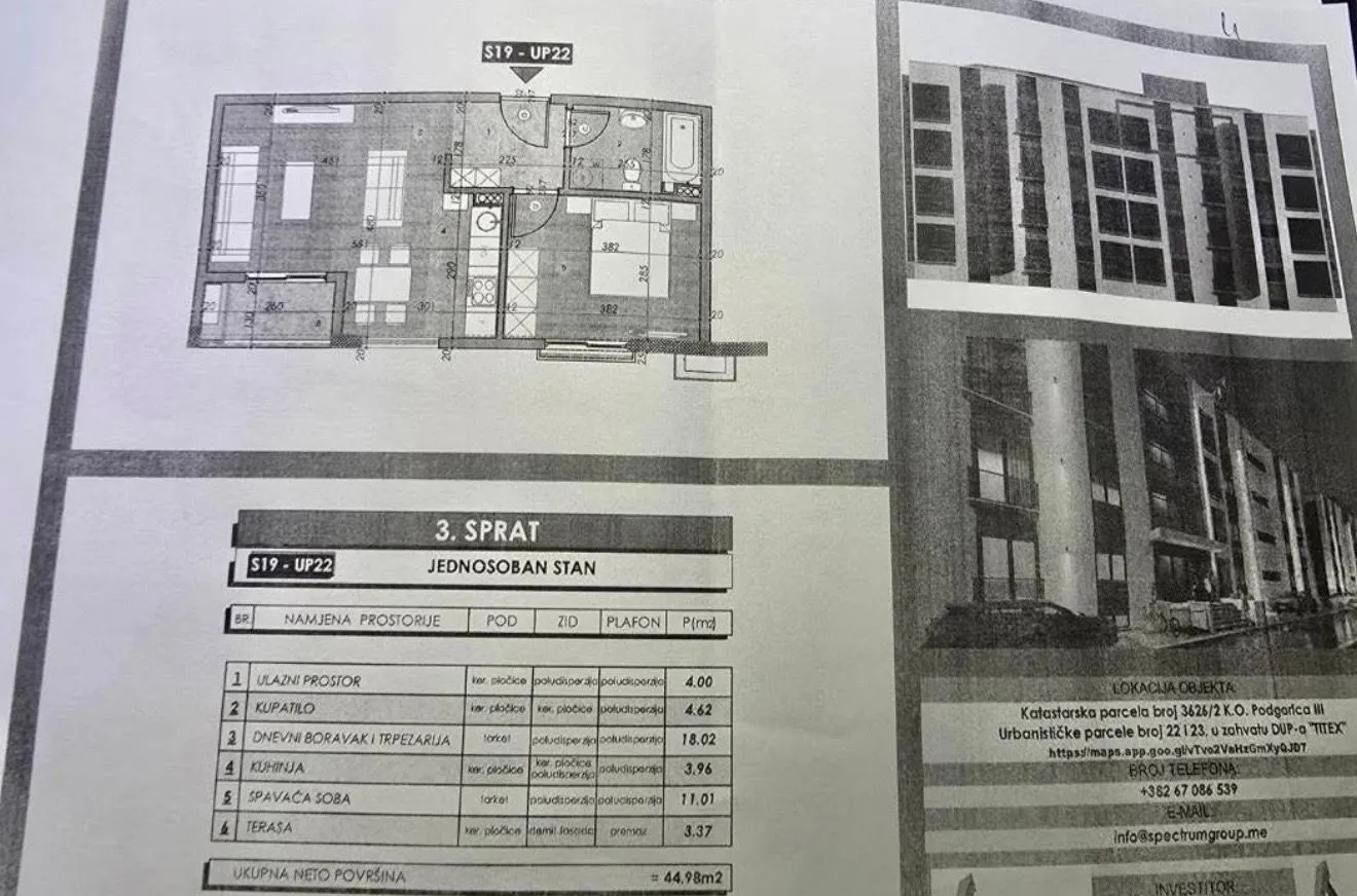Prodaja, jednosoban stan, 44m², Zabjelo, Podgorica