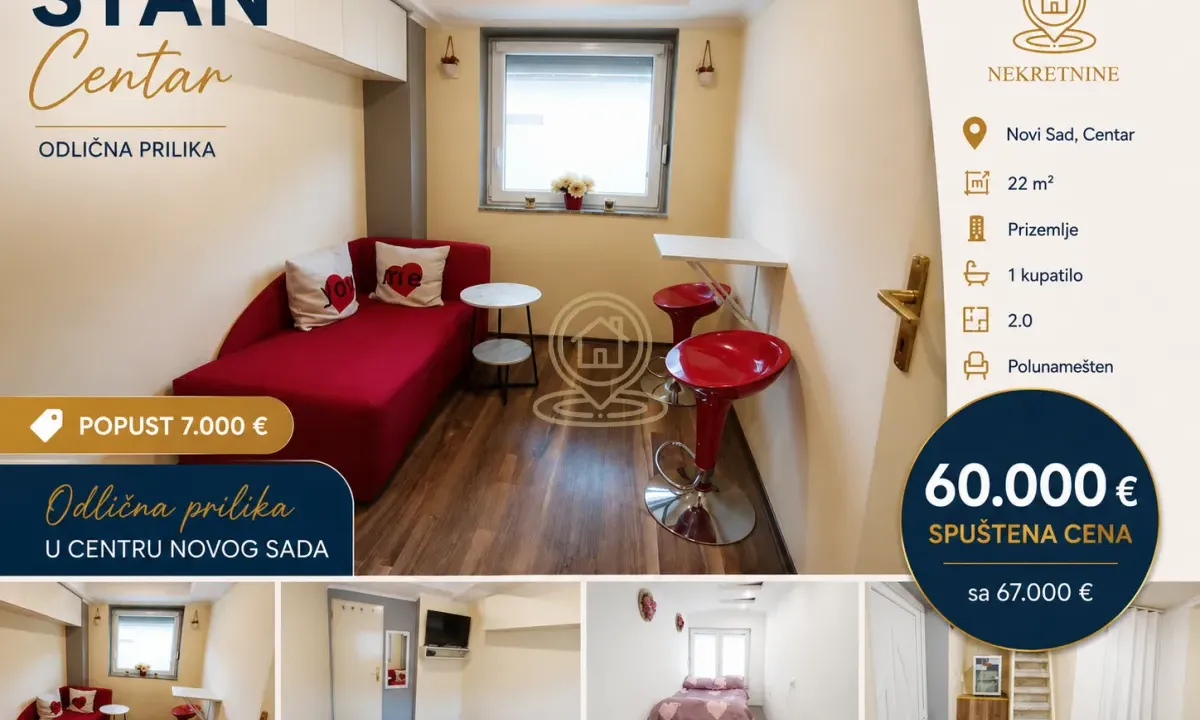 Sale, two bedroom apartment, 22m², Centar, Novi Sad