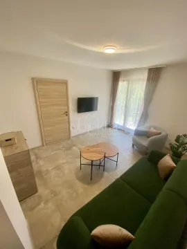 Living room with a green sofa, coffee tables, and a wall-mounted TV. - image 6