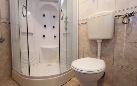 Manje kupatilo sa tuš kabinom i toaletom obloženo keramičkim pločicama. - image 25