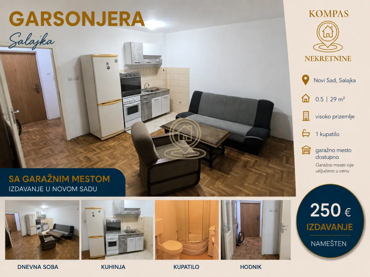 Izdavanje, garsonjera, 29m², Salajka, Novi Sad Sve Podlokacije