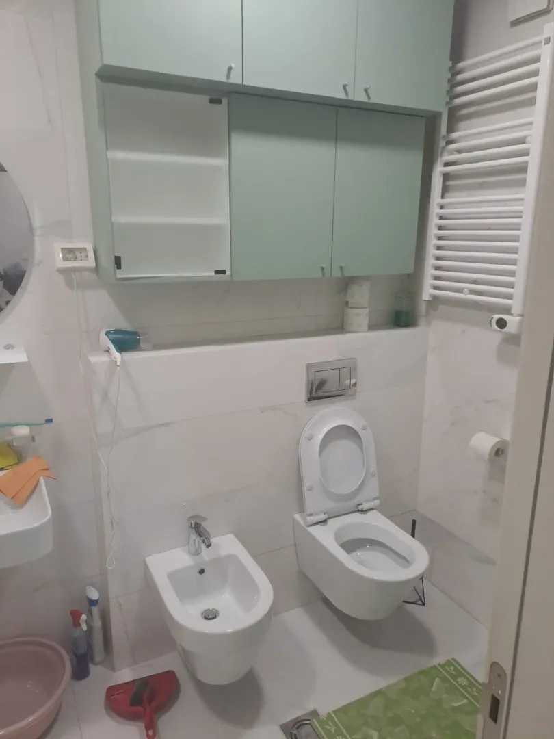 Svijetlo kupatilo sa bideom, toaletom i visećim ormarićima u nježnoj zelenoj boji.