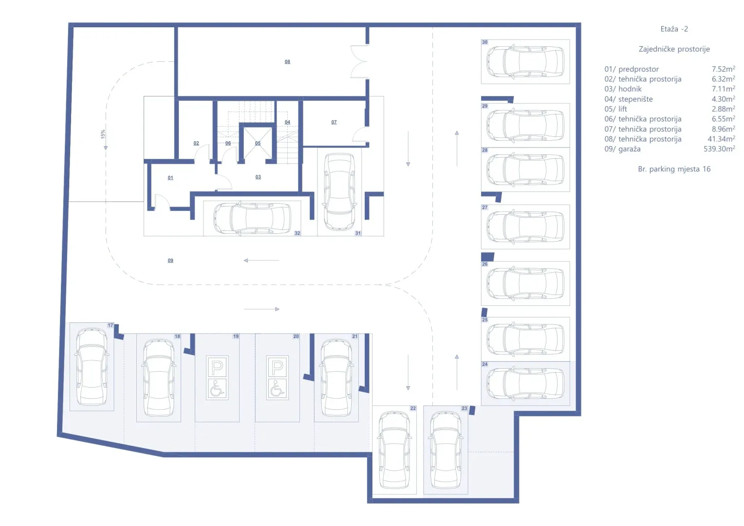 Architectural plan of the underground garage with marked parking spaces and technical rooms.