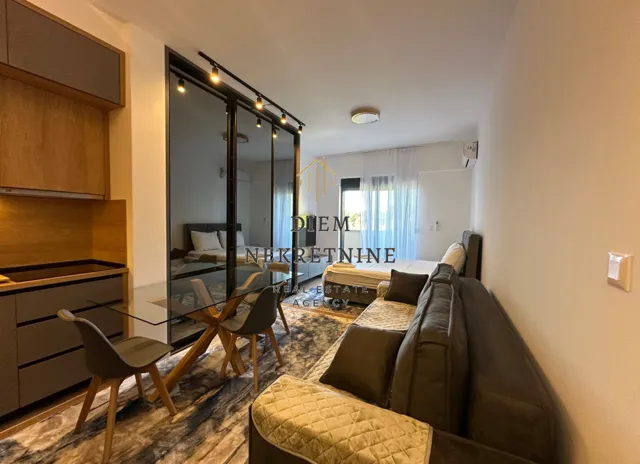 Modern open-plan space combining the living room, dining area, and kitchen.