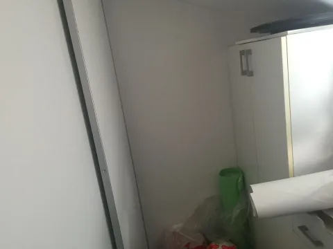 A corner of a room with white wardrobes and storage items. - image 24