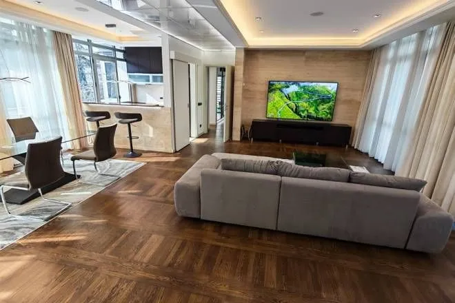 Spacious living room connected with the dining area and kitchen.