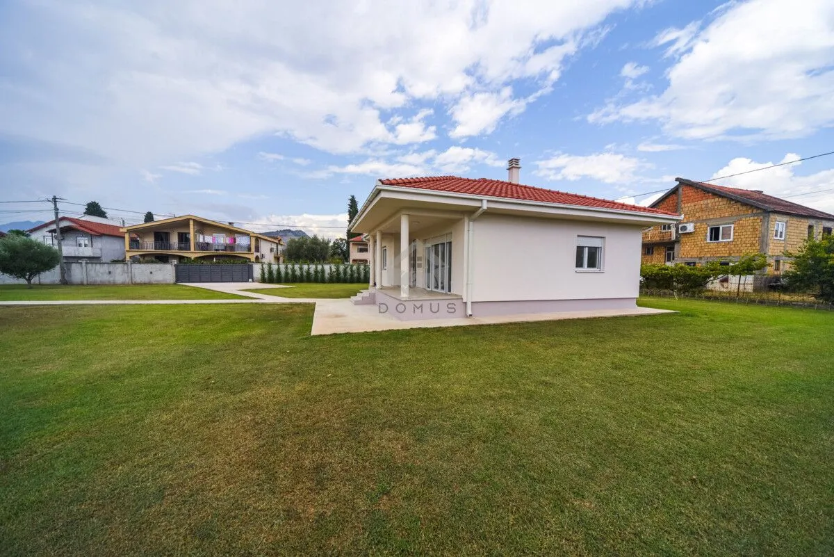 View of the yard and a single-story house with a lawn.