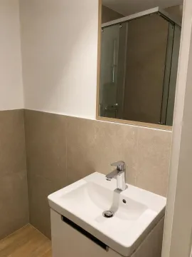 Manje kupatilo sa umivaonikom, ogledalom i tuš kabinom. - image 6