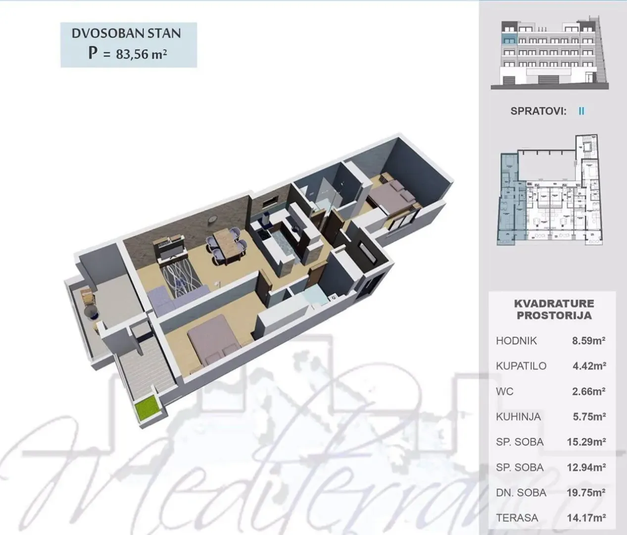 Trodimenzionalni prikaz rasporeda prostorija dvosobnog stana.