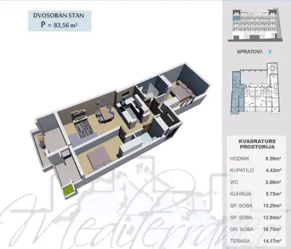 Trodimenzionalni prikaz rasporeda prostorija dvosobnog stana. - image 4
