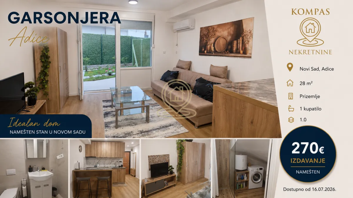 Izdavanje, jednosoban stan, 28m², Adice, Novi Sad Sve Podlokacije