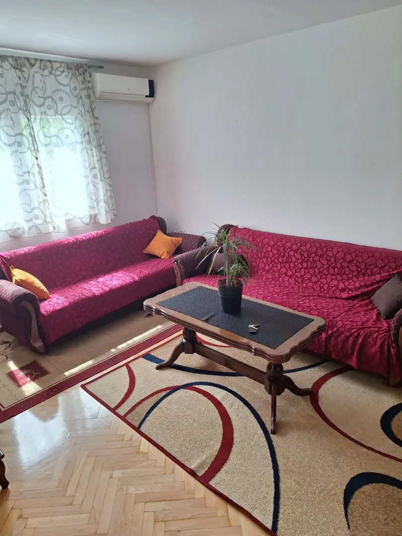 Living room with sofas, coffee table and rug.