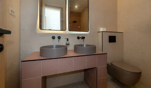 Modern bathroom with double sink, mirrors, and wall-mounted toilet. - image 11