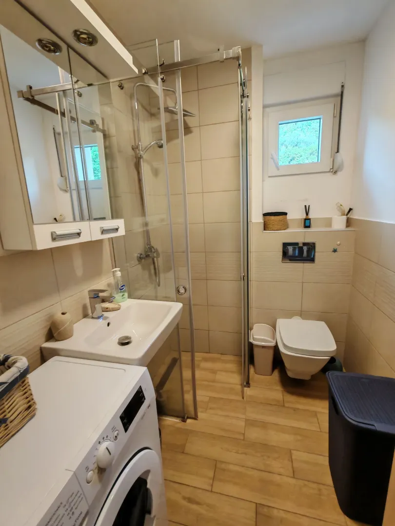 Compact bathroom with a shower cabin, washbasin, toilet, and washing machine.